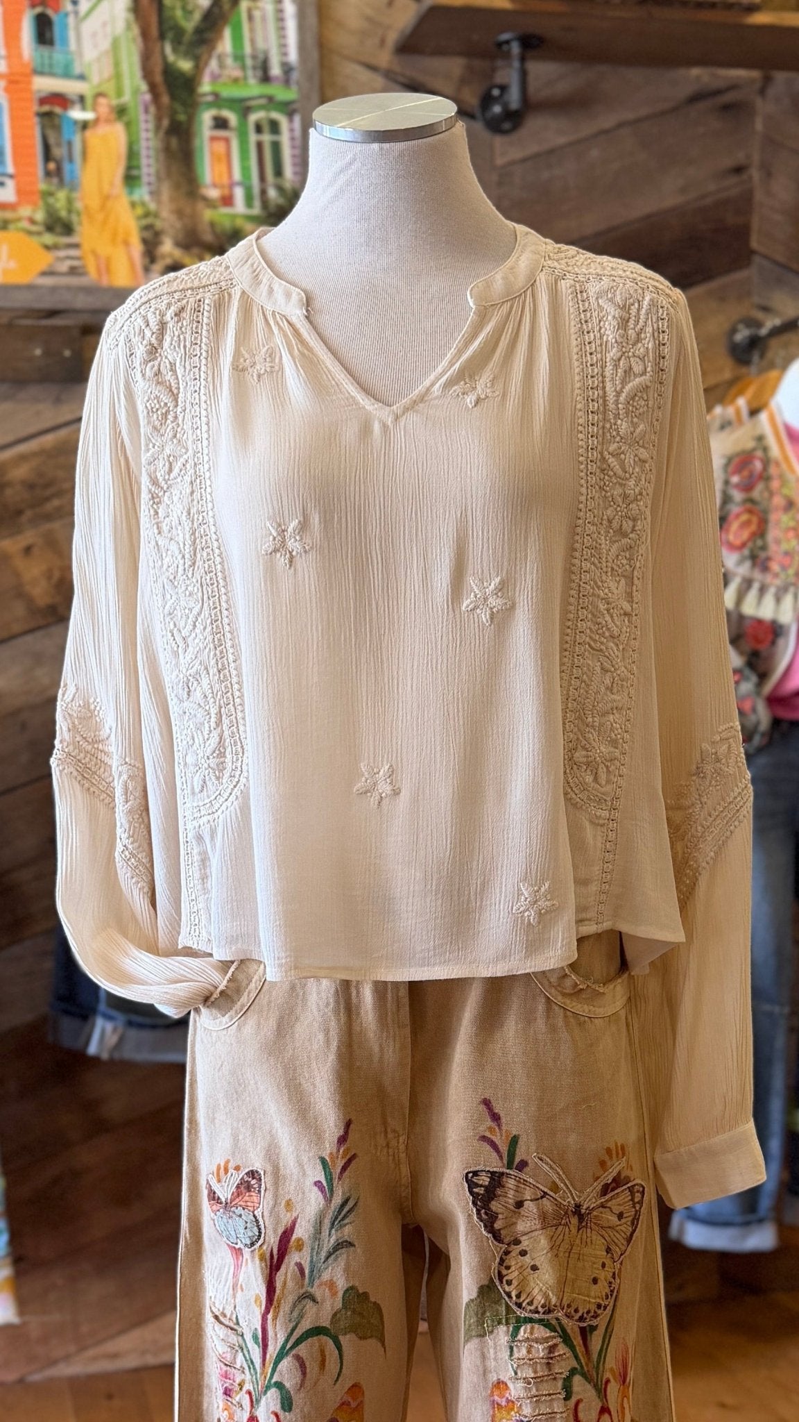 POL Embroidered Boho V - Neck Flowy Top in Cream - Rebecca James Clothing