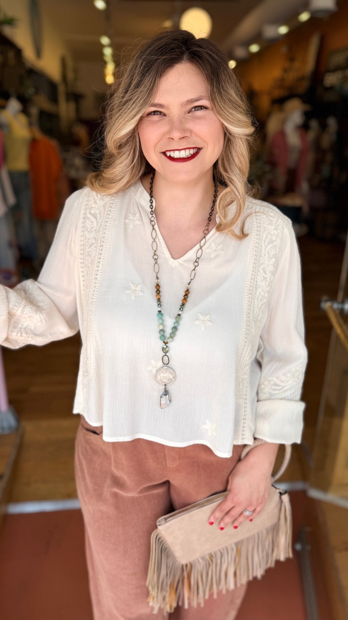 POL Embroidered Boho V - Neck Flowy Top in Cream - Rebecca James Clothing