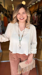 POL Embroidered Boho V - Neck Flowy Top in Cream - Rebecca James Clothing