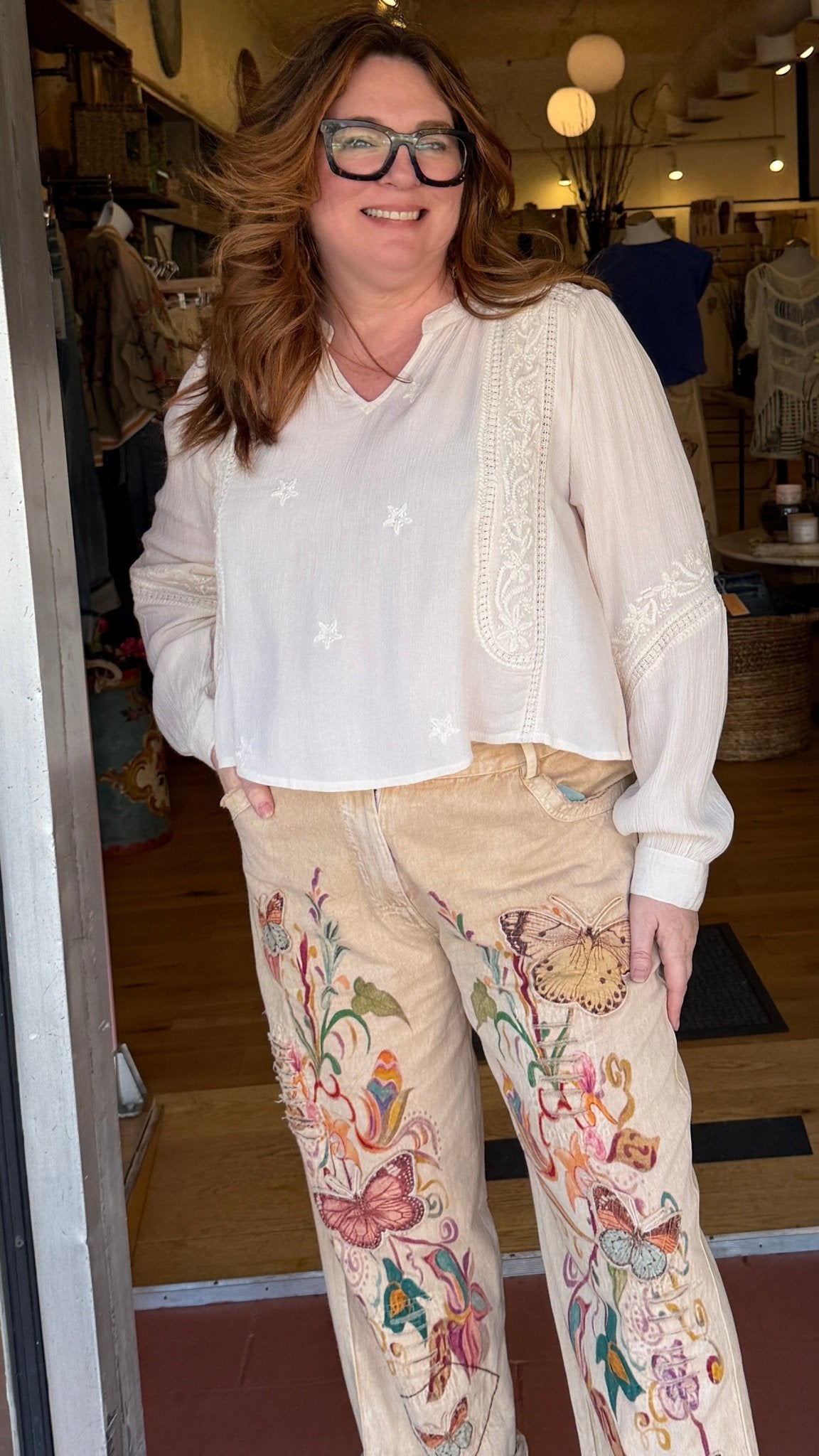 POL Embroidered Boho V - Neck Flowy Top in Cream - Rebecca James Clothing