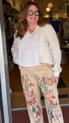 POL Embroidered Boho V - Neck Flowy Top in Cream - Rebecca James Clothing
