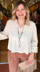 POL Embroidered Boho V - Neck Flowy Top in Cream - Rebecca James Clothing