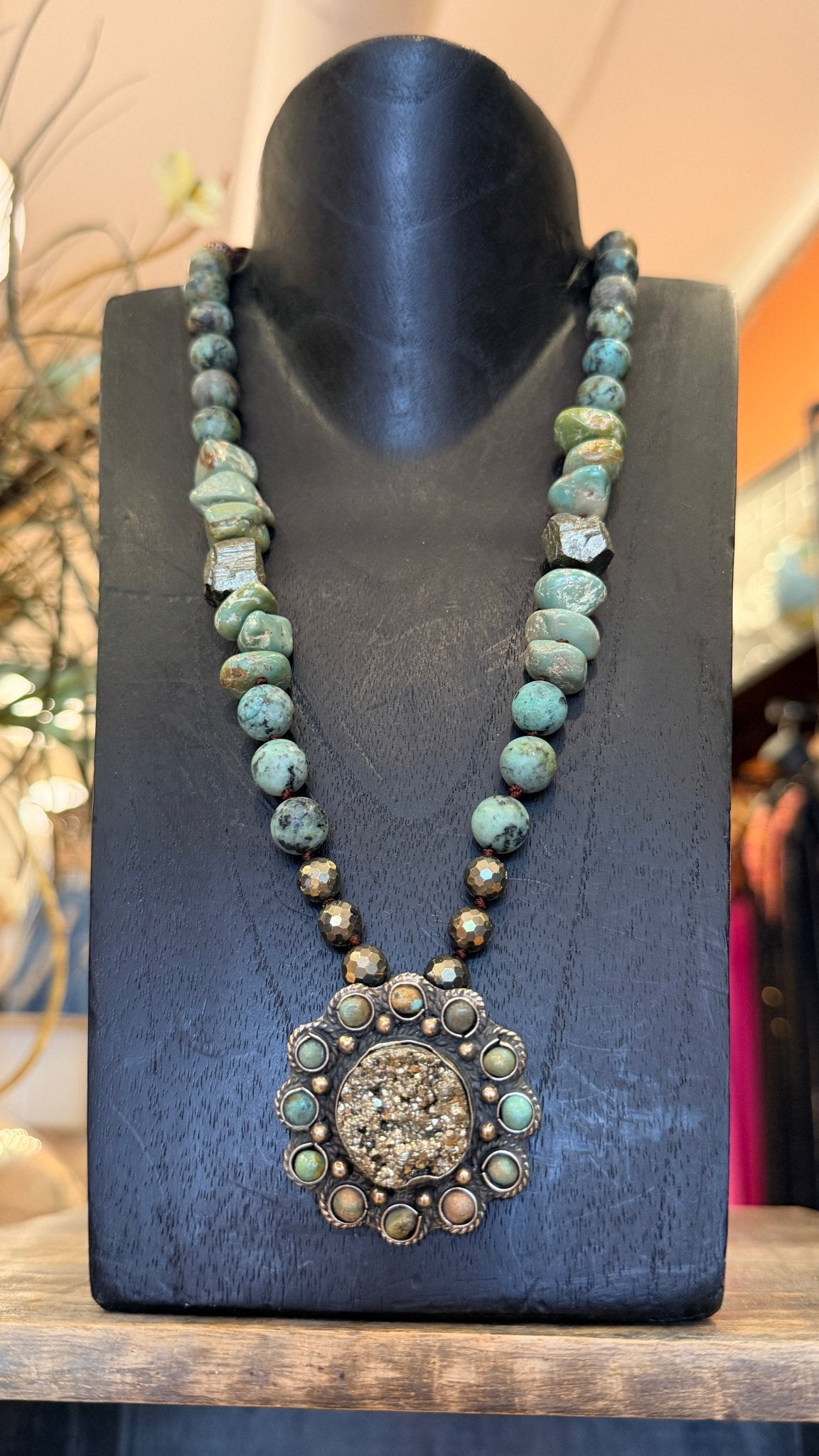 Pyrite and African Turquosie Pendant on Chunky Hand Beaded Necklace - Rebecca James Clothing
