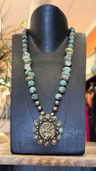 Pyrite and African Turquosie Pendant on Chunky Hand Beaded Necklace - Rebecca James Clothing