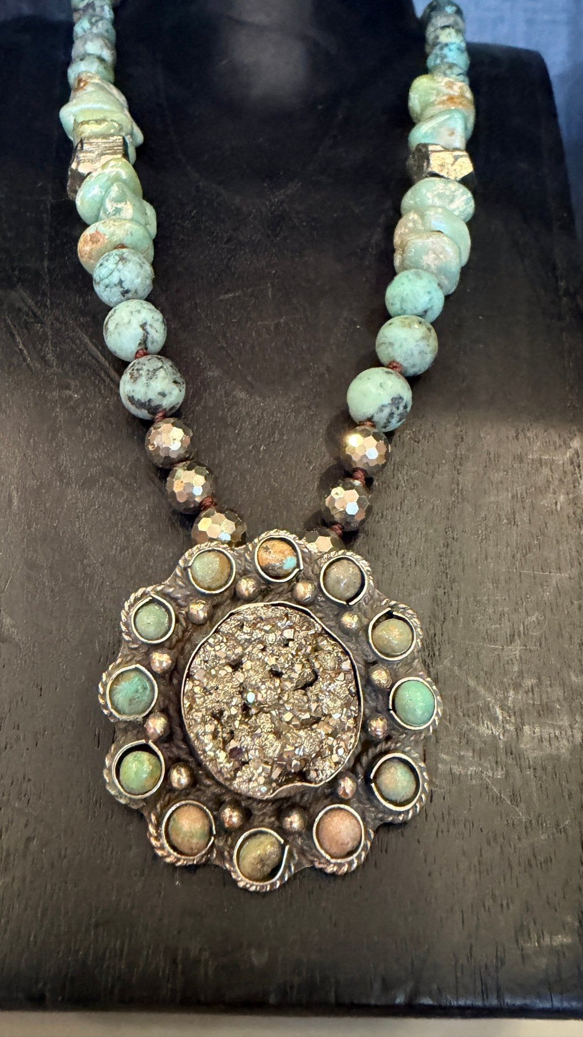 Pyrite and African Turquosie Pendant on Chunky Hand Beaded Necklace - Rebecca James Clothing