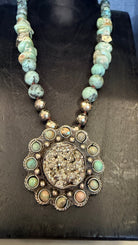 Pyrite and African Turquosie Pendant on Chunky Hand Beaded Necklace - Rebecca James Clothing