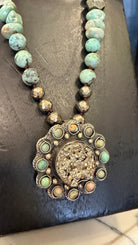 Pyrite and African Turquosie Pendant on Chunky Hand Beaded Necklace - Rebecca James Clothing
