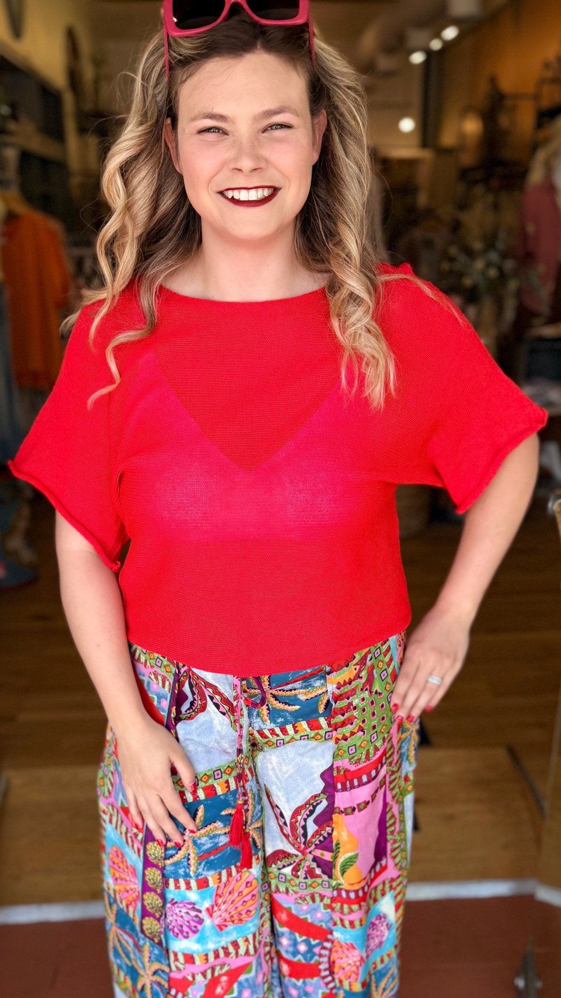 Red Short Sleeve Lightweight Knit Top - Rebecca James Clothing