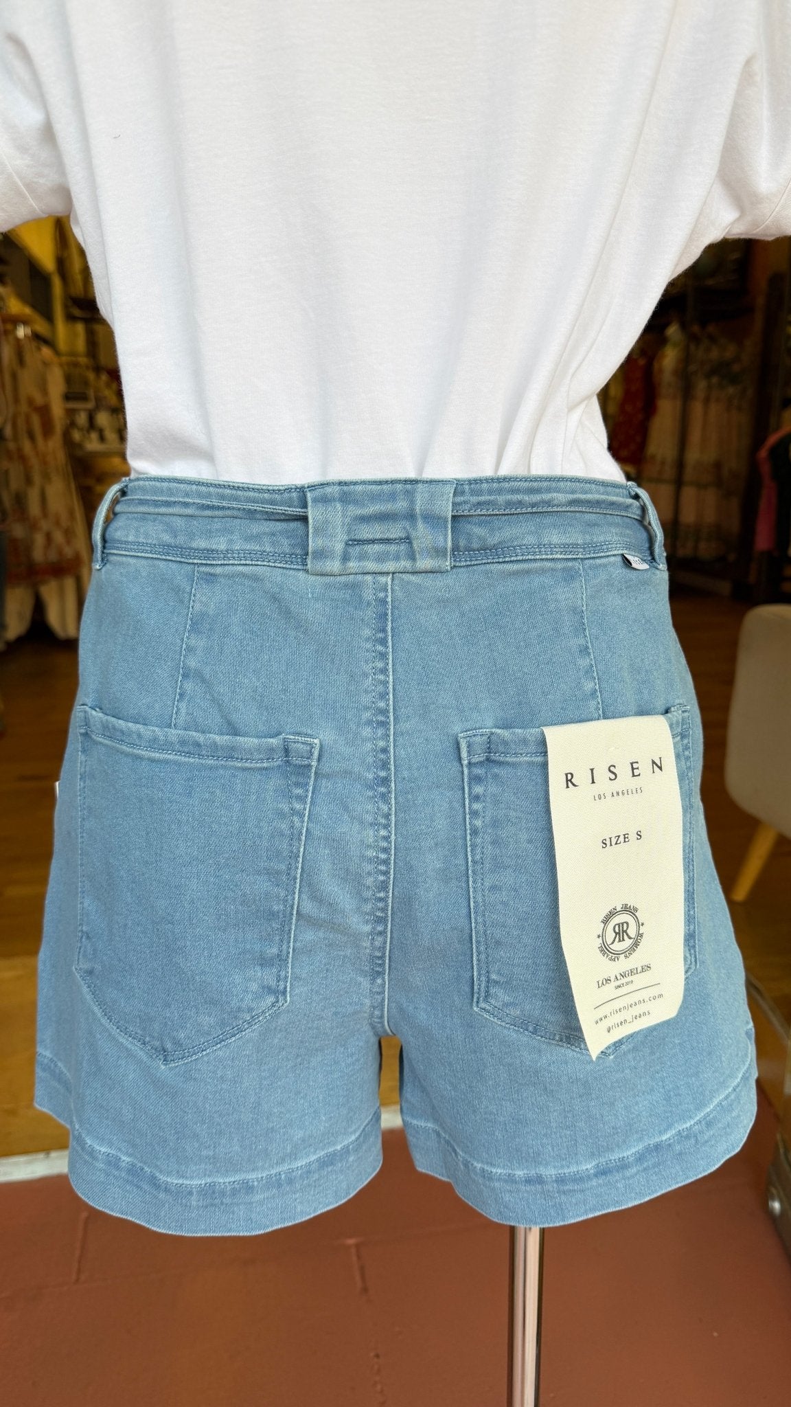 Risen Slouchy Pleated Tie - Waist Denim Shorts – Light Wash - Rebecca James Clothing