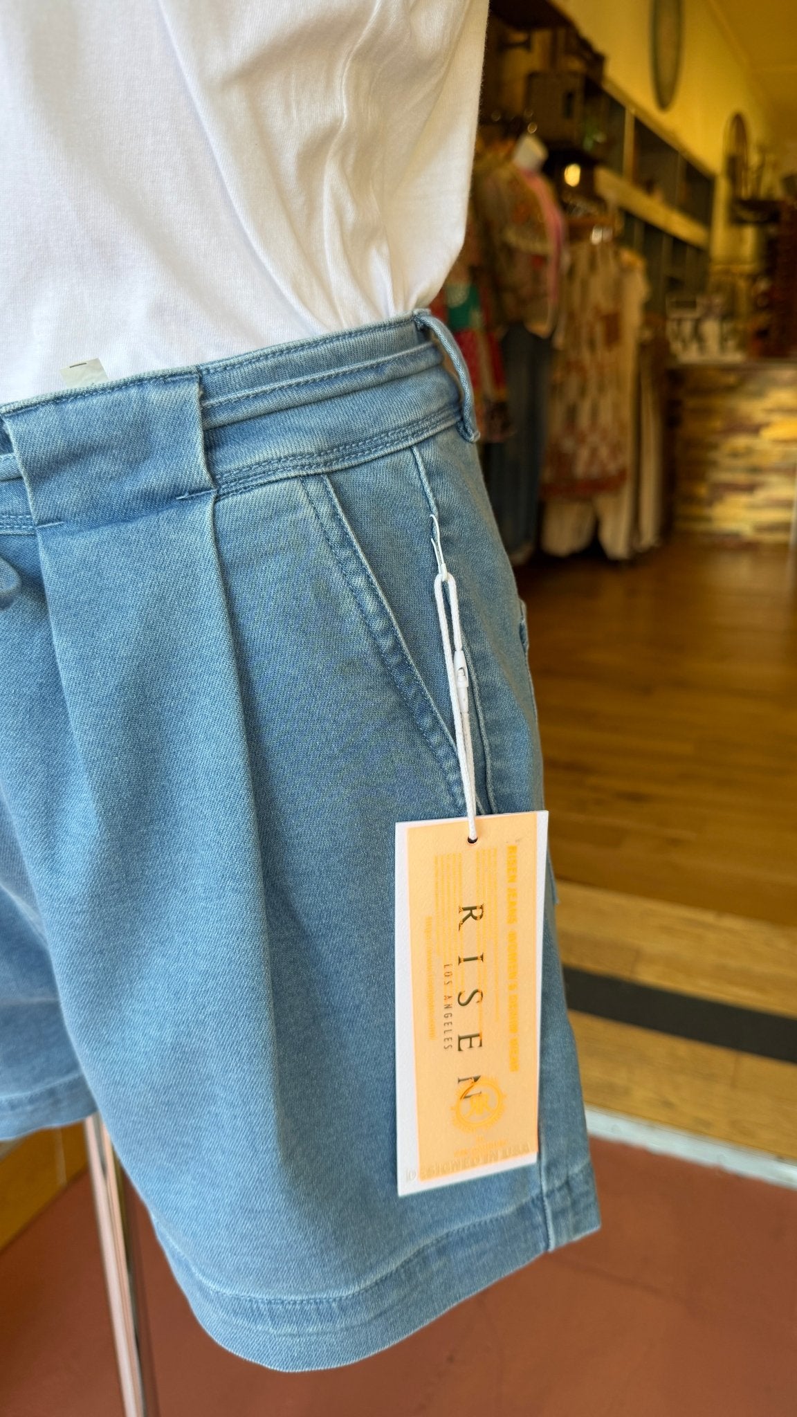 Risen Slouchy Pleated Tie - Waist Denim Shorts – Light Wash - Rebecca James Clothing