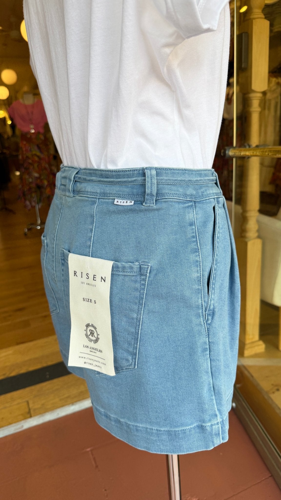 Risen Slouchy Pleated Tie - Waist Denim Shorts – Light Wash - Rebecca James Clothing