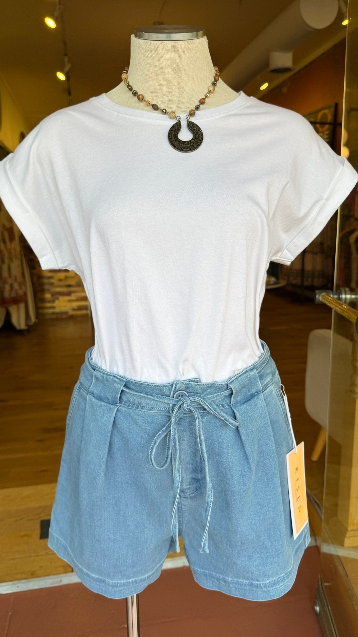 Risen Slouchy Pleated Tie - Waist Denim Shorts – Light Wash - Rebecca James Clothing