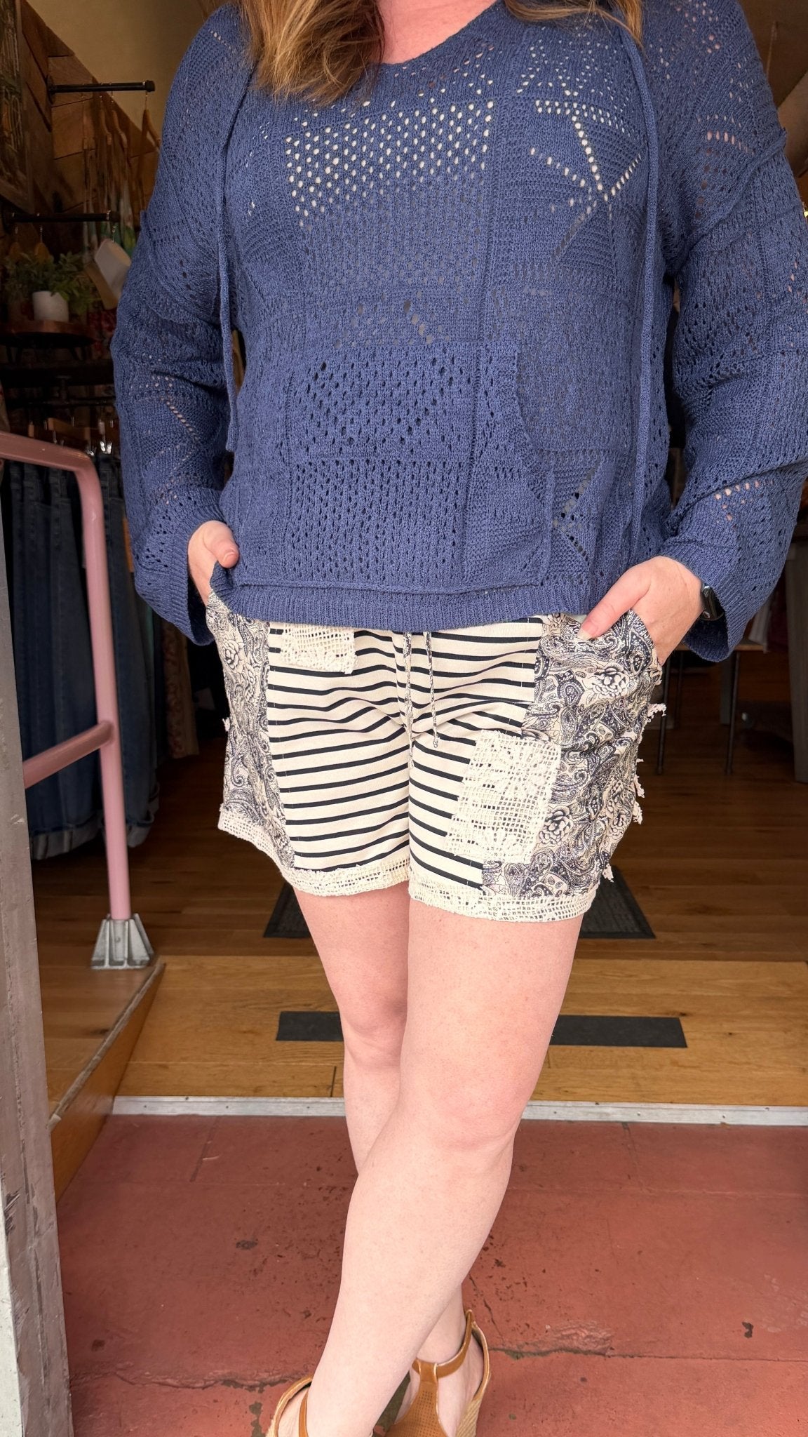 Seaside Coastal Paisley & Crochet Drawstring Shorts - Rebecca James Clothing