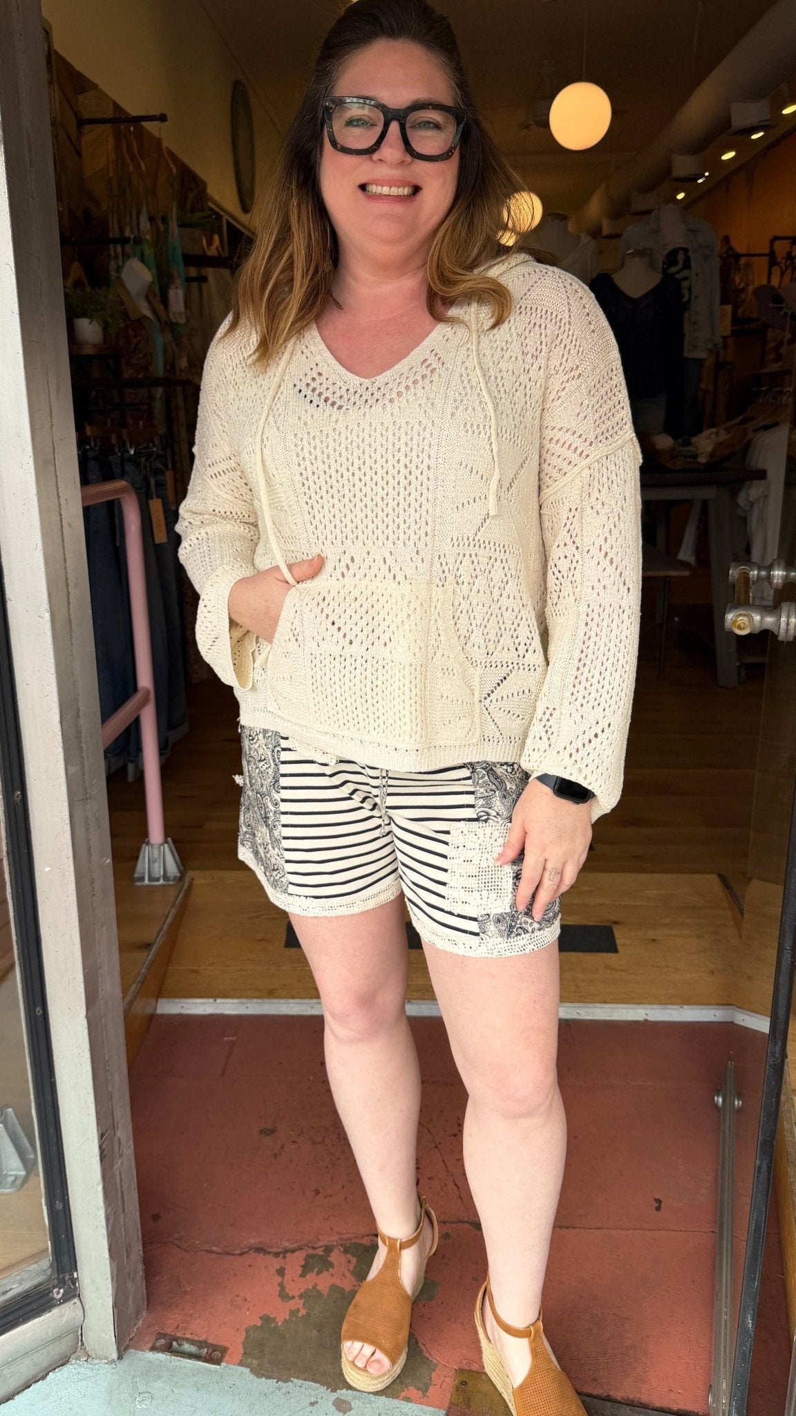 Seaside Coastal Paisley & Crochet Drawstring Shorts - Rebecca James Clothing