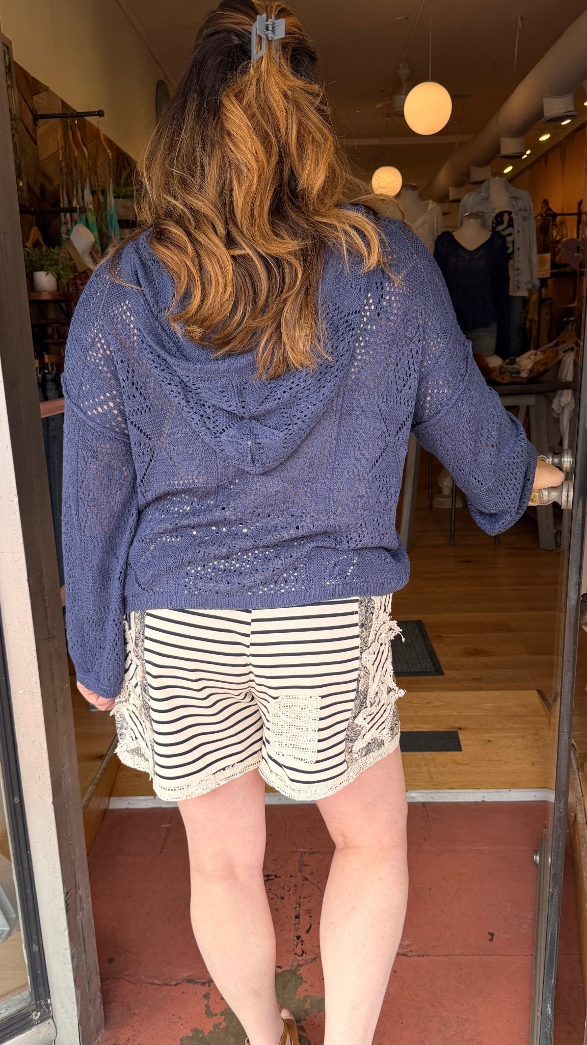 Seaside Open Weave Hooded Sweater in Navy - Rebecca James Clothing