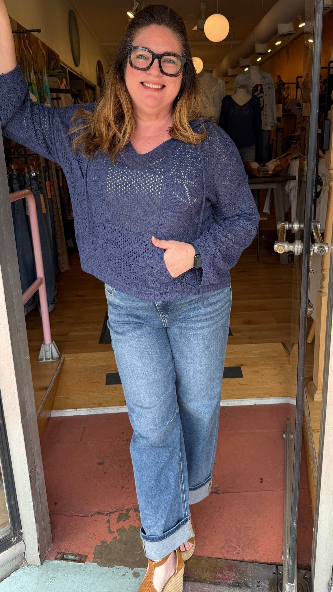 Seaside Open Weave Hooded Sweater in Navy - Rebecca James Clothing