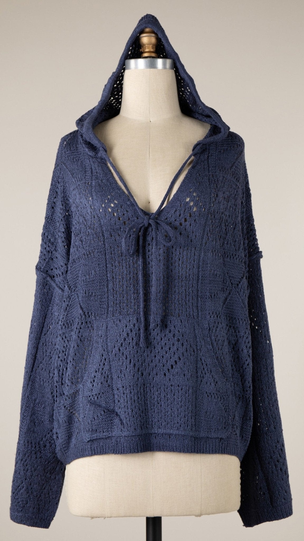 Seaside Open Weave Hooded Sweater in Navy - Rebecca James Clothing