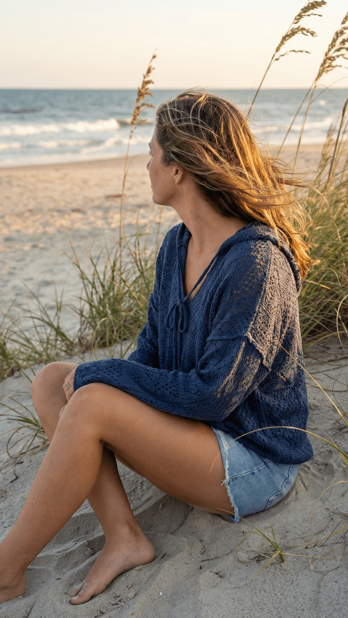 Seaside Open Weave Hooded Sweater in Navy - Rebecca James Clothing