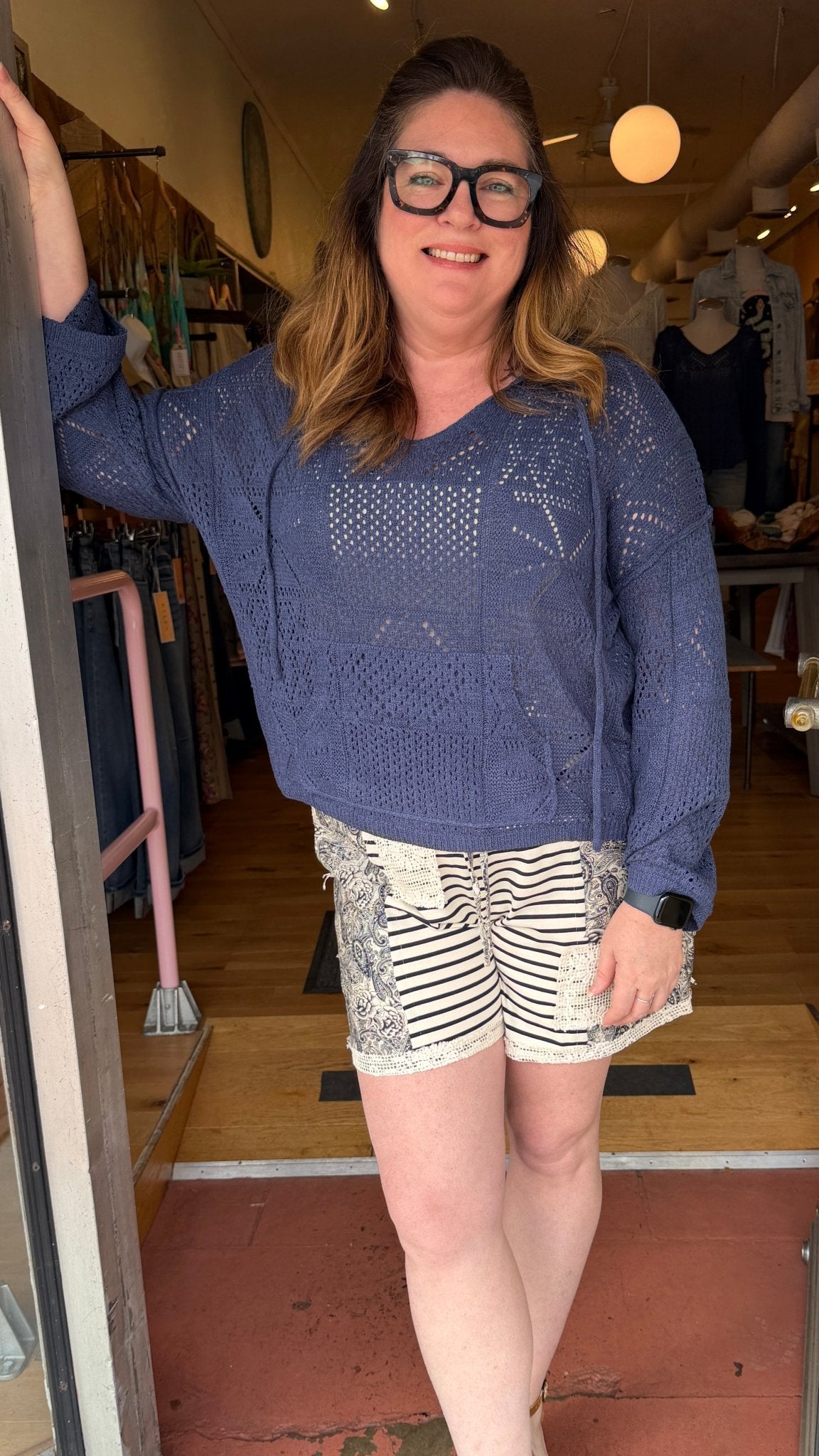 Seaside Open Weave Hooded Sweater in Navy - Rebecca James Clothing