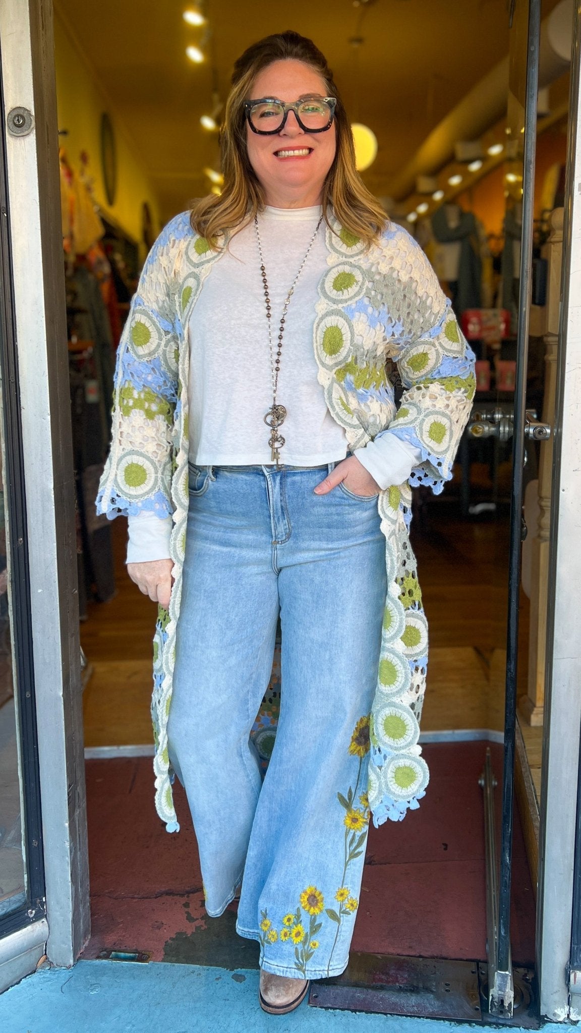 Sky Blue and Green Crochet Sweater Duster - Rebecca James Clothing