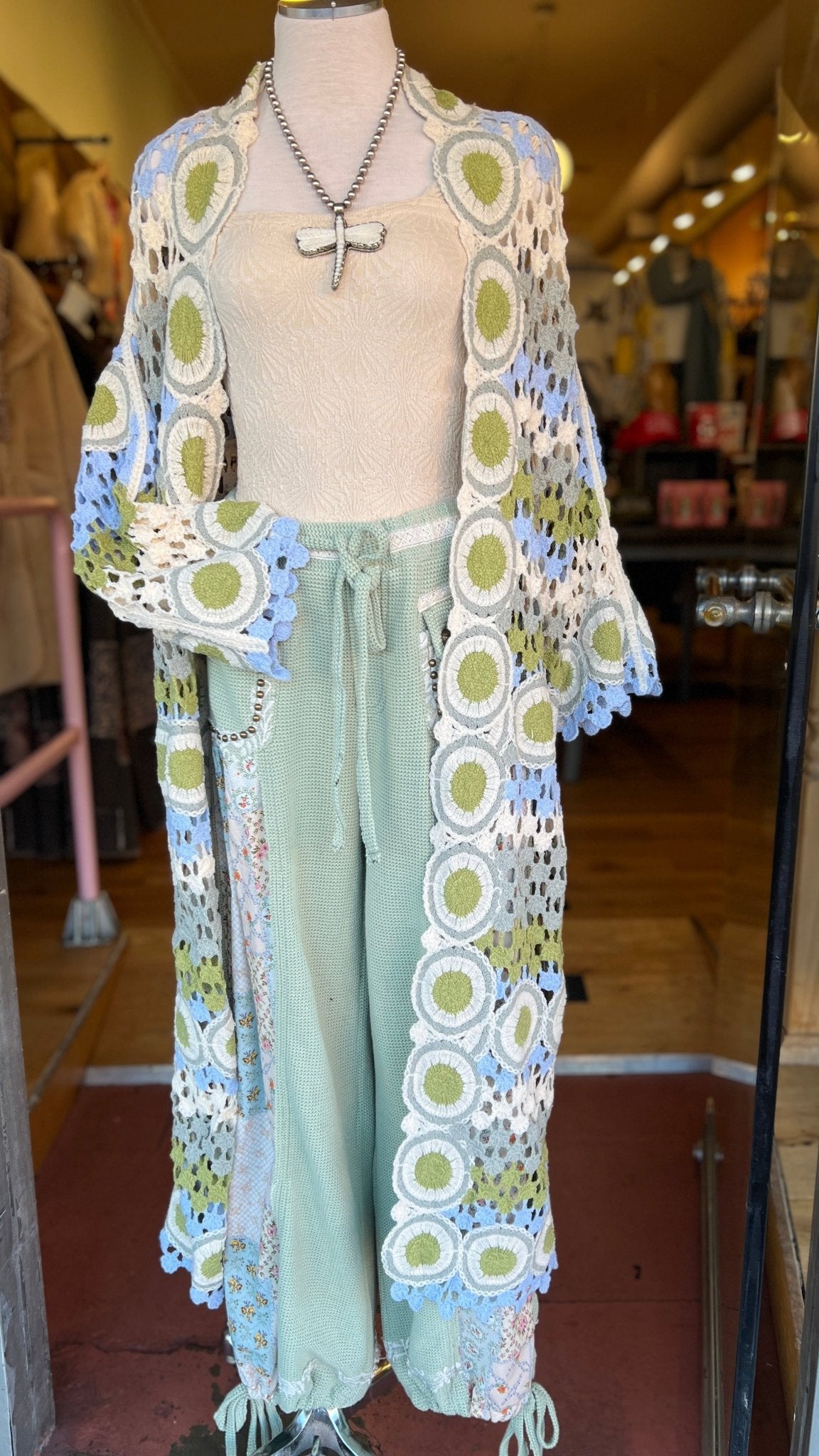Sky Blue and Green Crochet Sweater Duster - Rebecca James Clothing