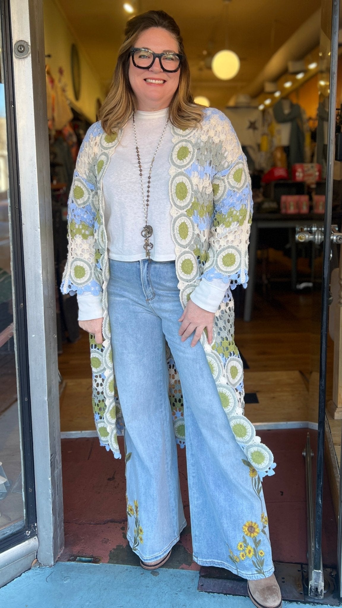 Sky Blue and Green Crochet Sweater Duster - Rebecca James Clothing