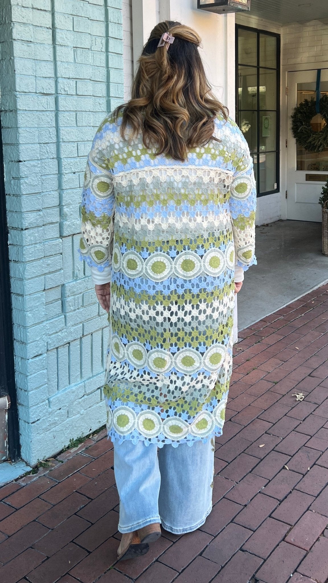 Sky Blue and Green Crochet Sweater Duster - Rebecca James Clothing