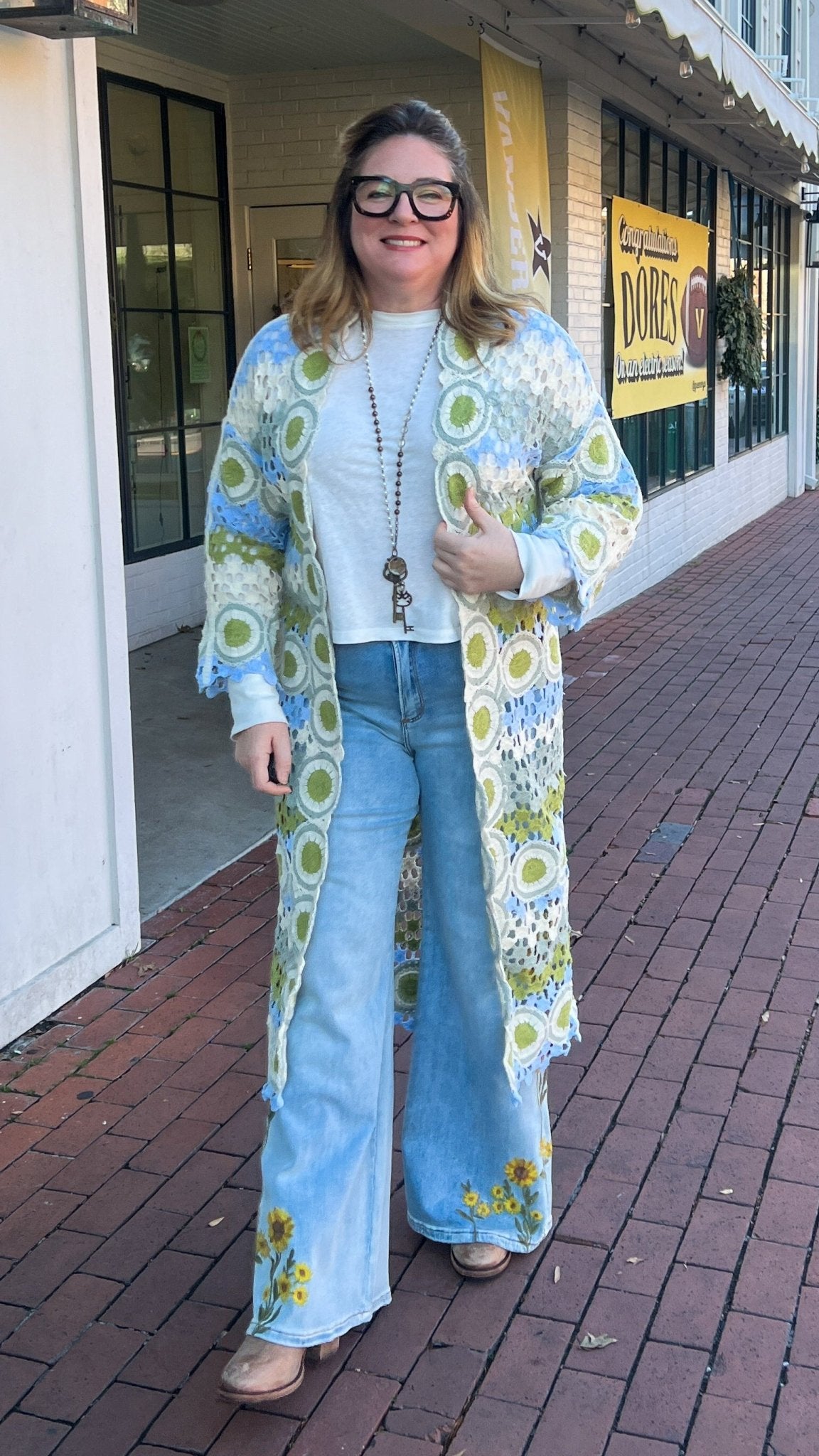 Sky Blue and Green Crochet Sweater Duster - Rebecca James Clothing