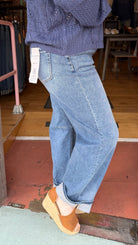Slouchy Medium Wash Cuffed Barrel Jeans - Rebecca James Clothing