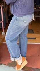 Slouchy Medium Wash Cuffed Barrel Jeans - Rebecca James Clothing