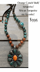 Southwestern Orange Conch Shell & African Turquoise Jasper Handmade Necklace - Rebecca James Clothing