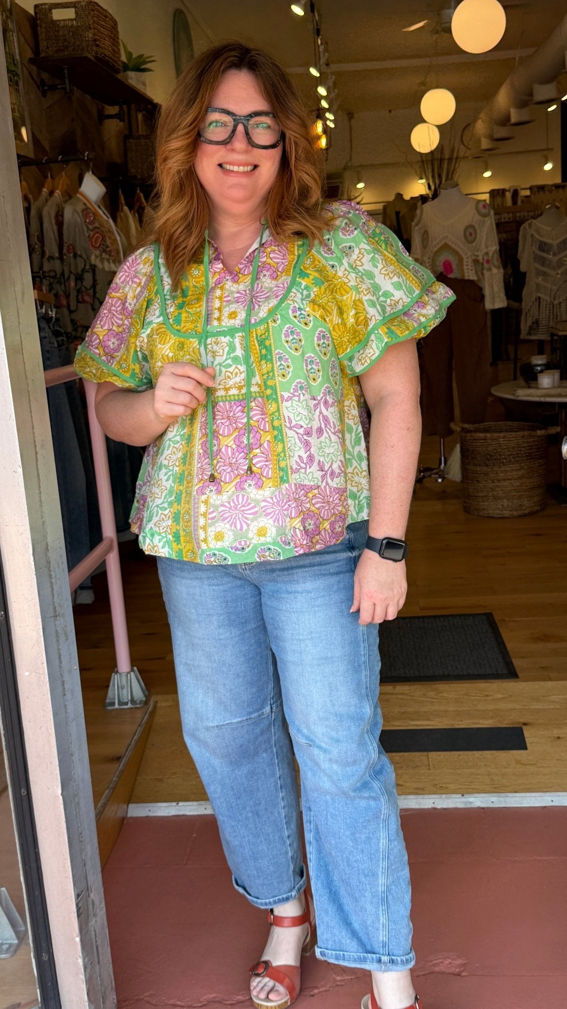 Spring Fields Mixed Floral Print Puff Sleeve Top - Rebecca James Clothing