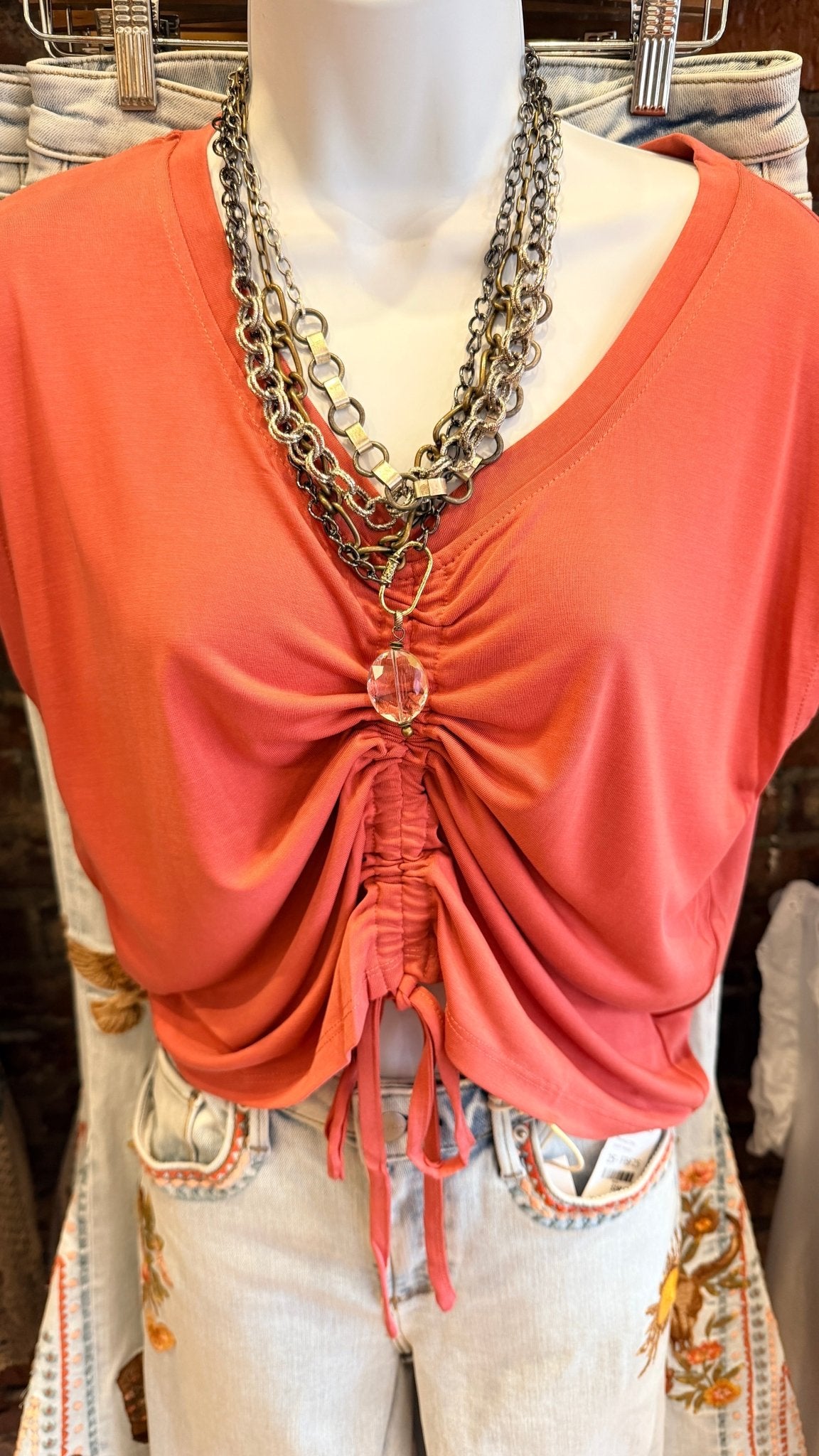 Stretch Knit Cap Sleeve Ruched Front Top - Rebecca James Clothing