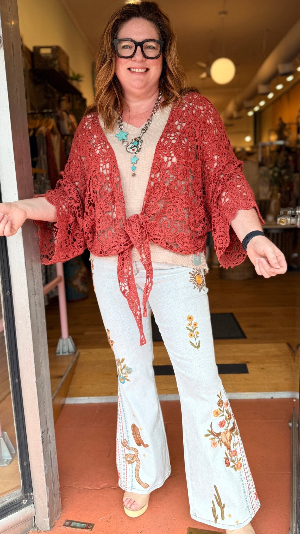 Summer Crochet Cotton Wrap in Rust - Rebecca James Clothing