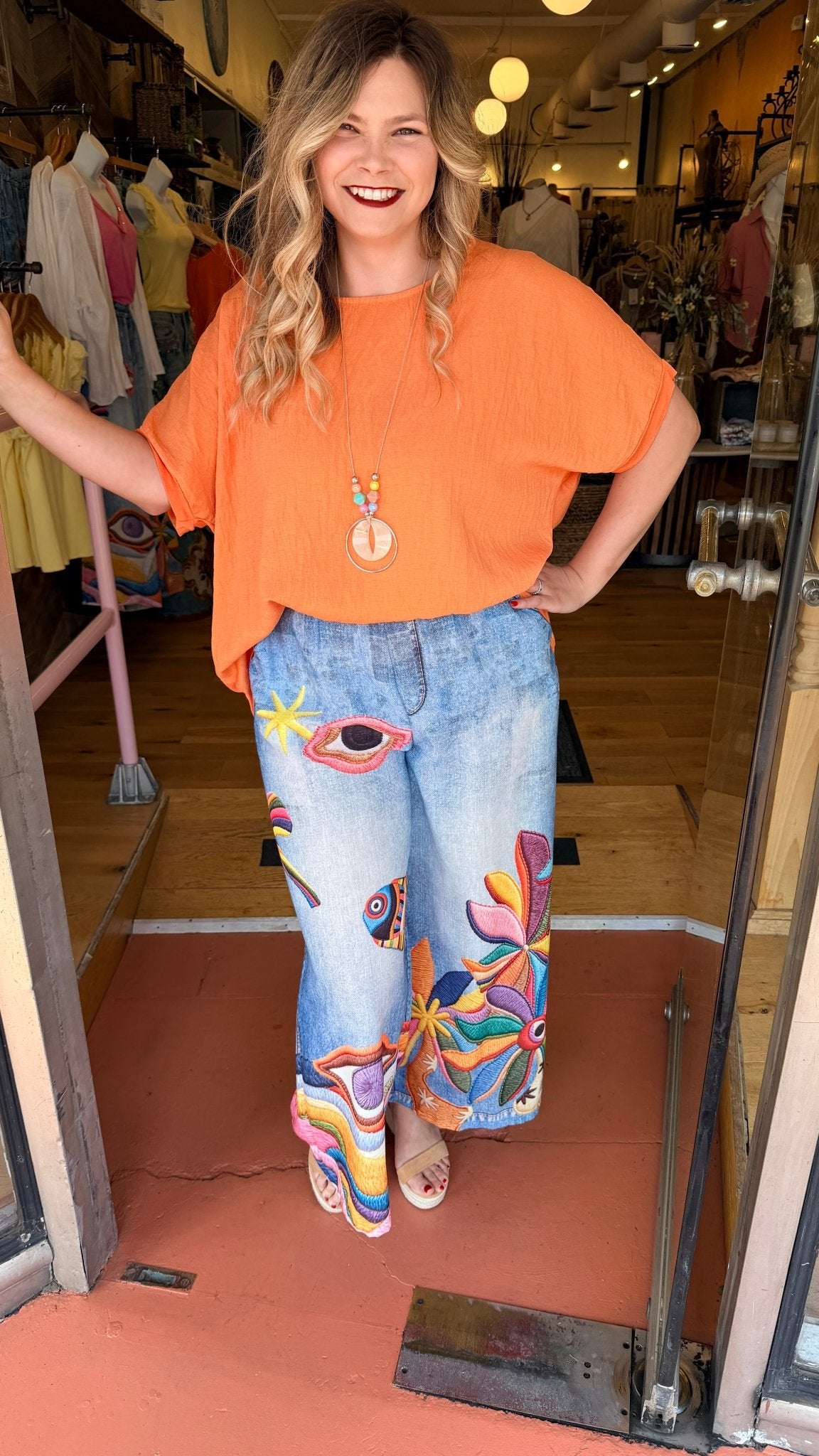 Sunset Orange Oversized Flowy Top - Bonus Statement Necklace Included - Rebecca James Clothing