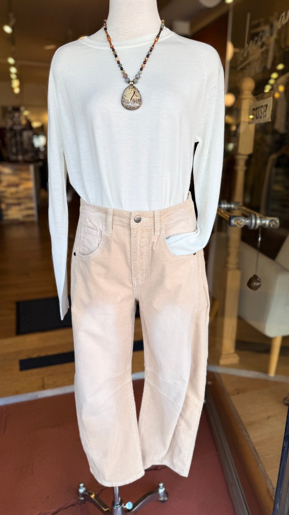 Tan Stretch Corduroy Barrel Pants - Rebecca James Clothing