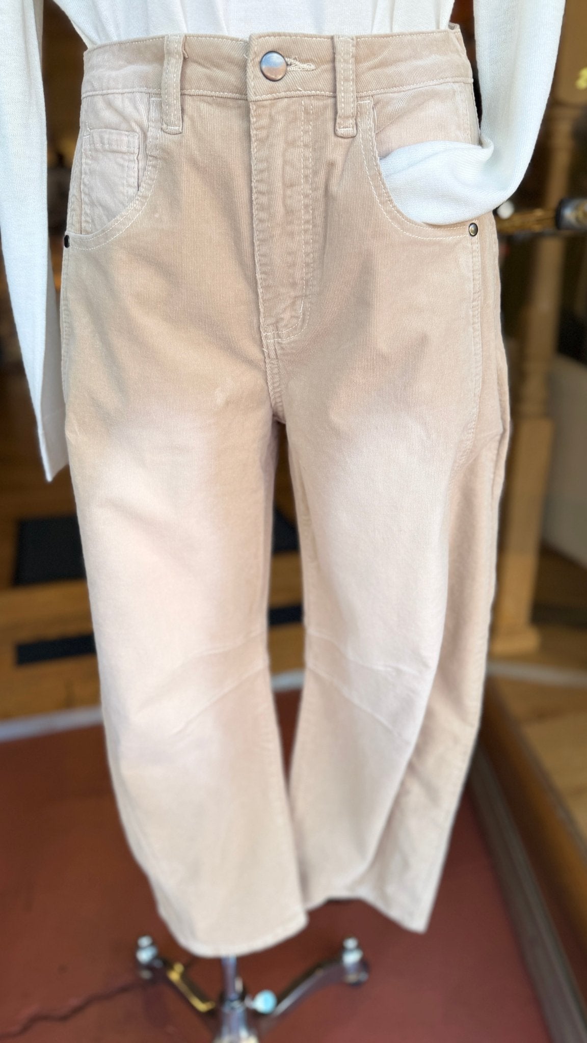 Tan Stretch Corduroy Barrel Pants - Rebecca James Clothing