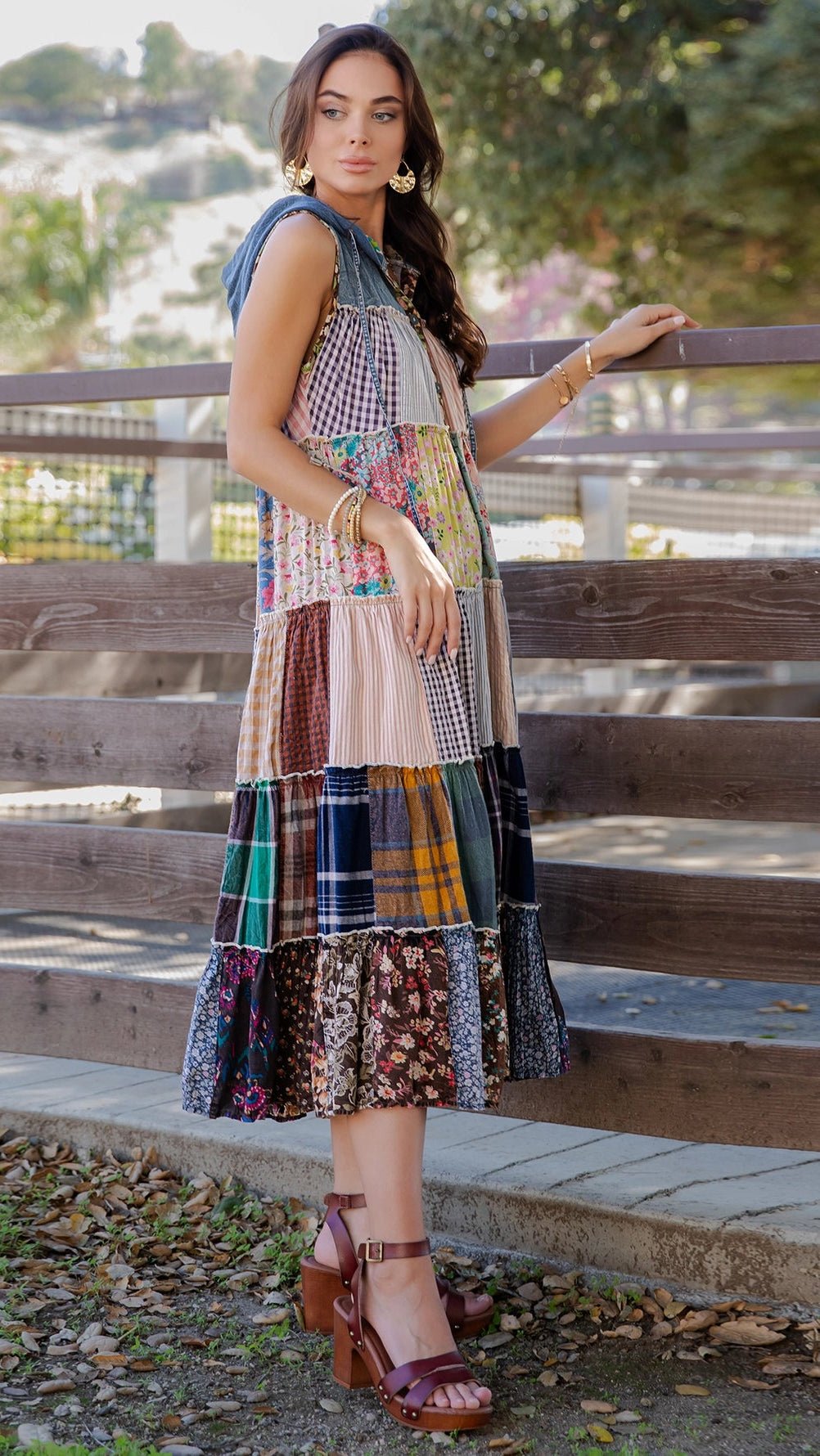 The Carmen Flowy Mixed Fabric Cotton Hooded Duster | Sleeveless Festival Layer - Rebecca James Clothing