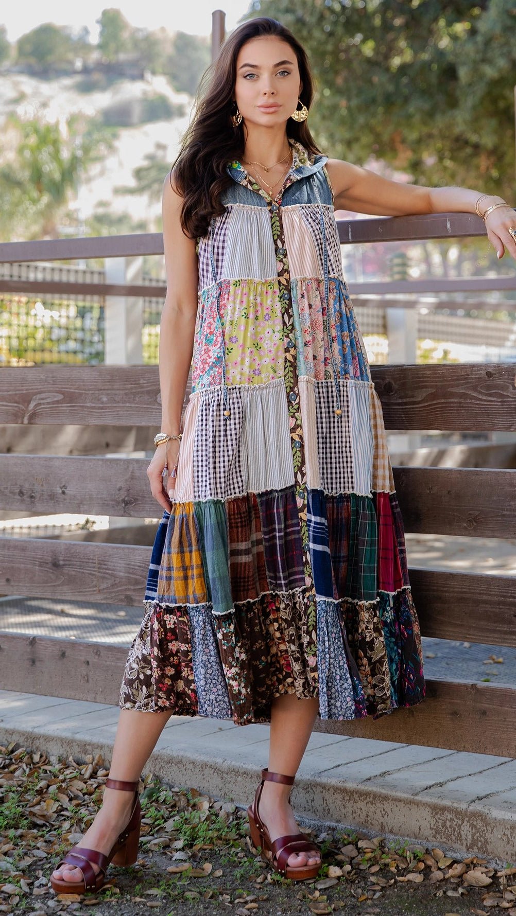 The Carmen Flowy Mixed Fabric Cotton Hooded Duster | Sleeveless Festival Layer - Rebecca James Clothing