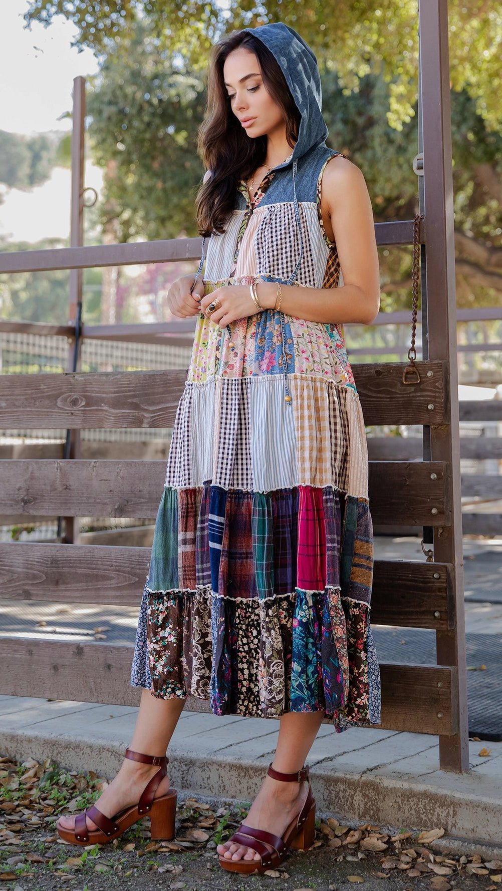 The Carmen Flowy Mixed Fabric Cotton Hooded Duster | Sleeveless Festival Layer - Rebecca James Clothing