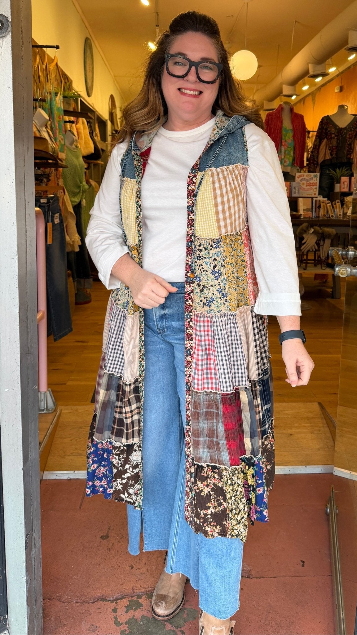 The Carmen Flowy Mixed Fabric Cotton Hooded Duster | Sleeveless Festival Layer - Rebecca James Clothing