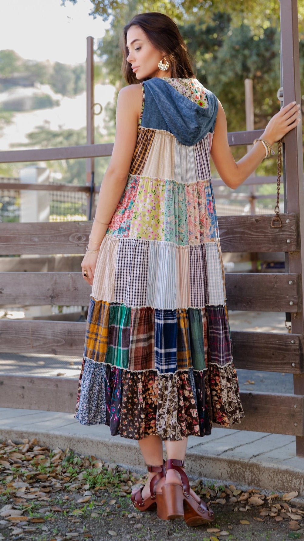 The Carmen Flowy Mixed Fabric Cotton Hooded Duster | Sleeveless Festival Layer - Rebecca James Clothing