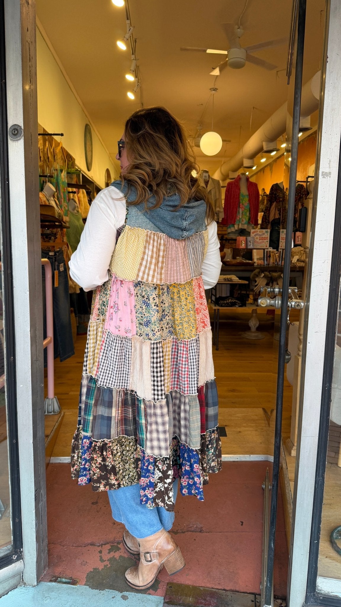 The Carmen Flowy Mixed Fabric Cotton Hooded Duster | Sleeveless Festival Layer - Rebecca James Clothing