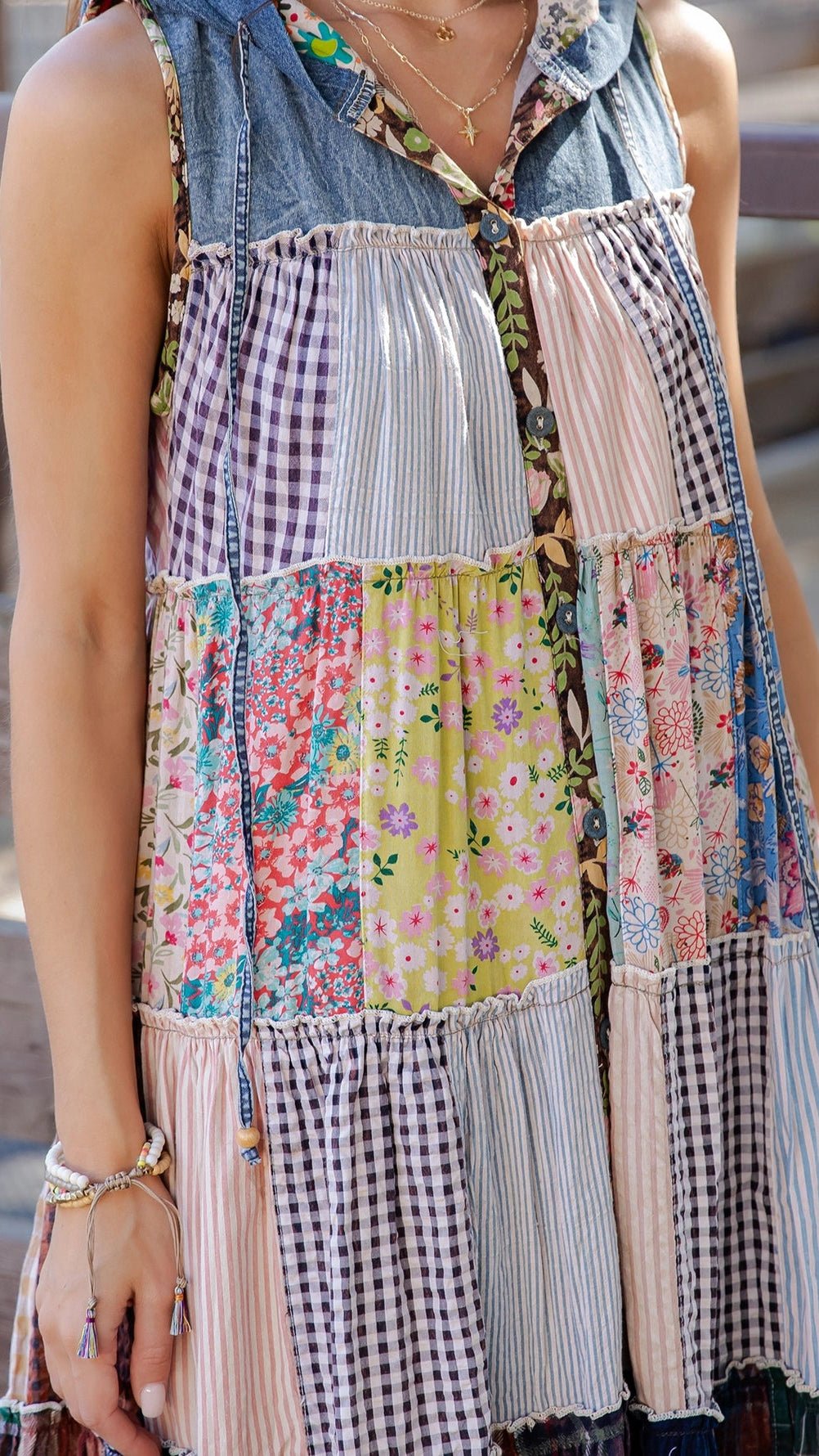 The Carmen Flowy Mixed Fabric Cotton Hooded Duster | Sleeveless Festival Layer - Rebecca James Clothing