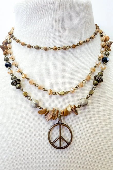 Three Strand Boho Chic Mixed Bead Peace Sign Necklace - Rebecca James Clothing