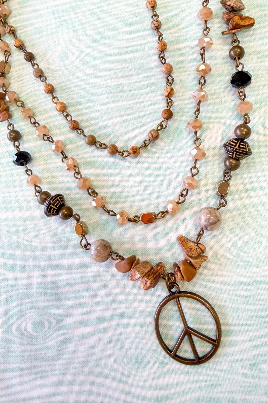 Three Strand Boho Chic Mixed Bead Peace Sign Necklace - Rebecca James Clothing