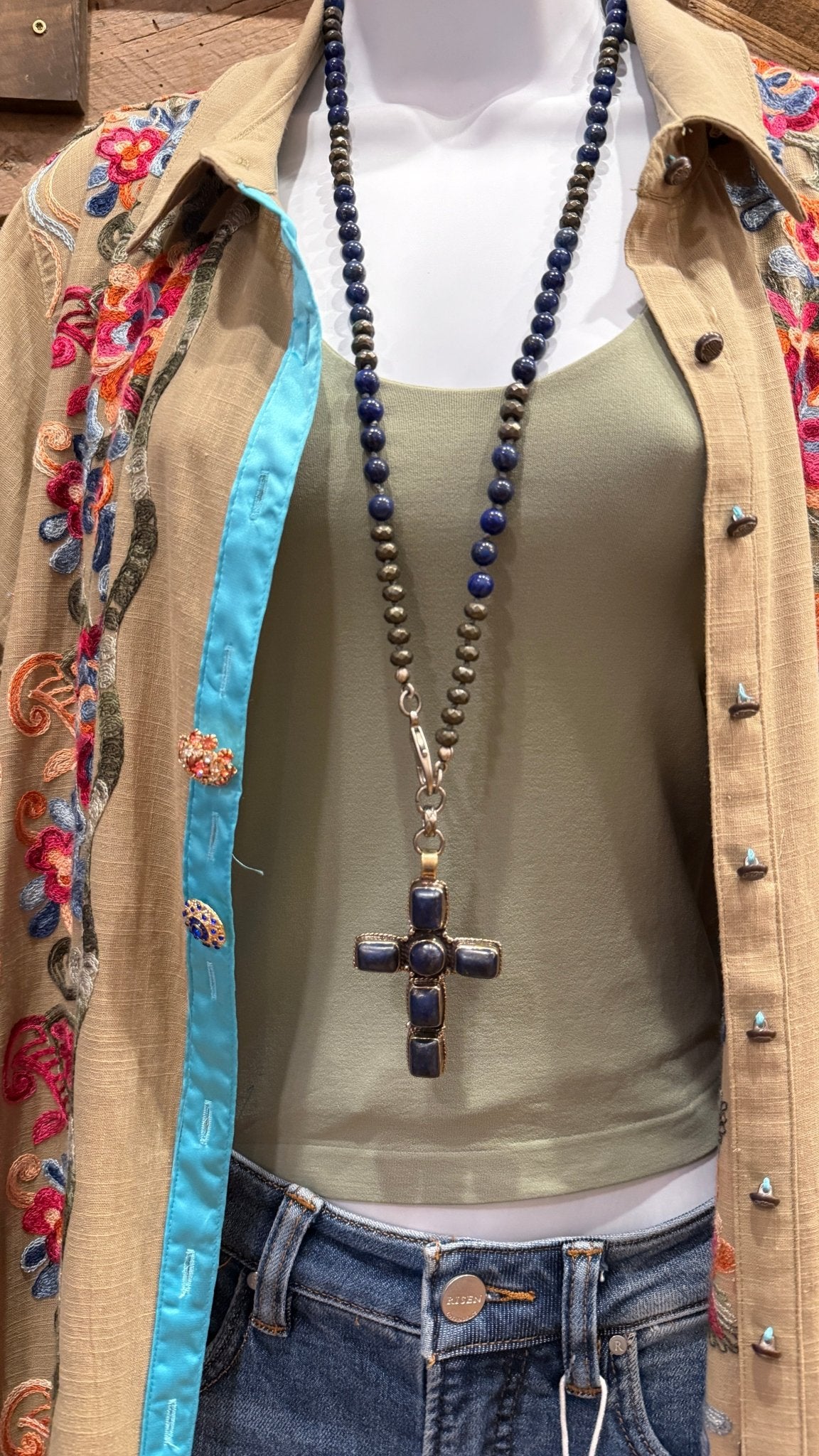 Tibetan Lapis Cross Pendant Beaded Necklace - Rebecca James Clothing