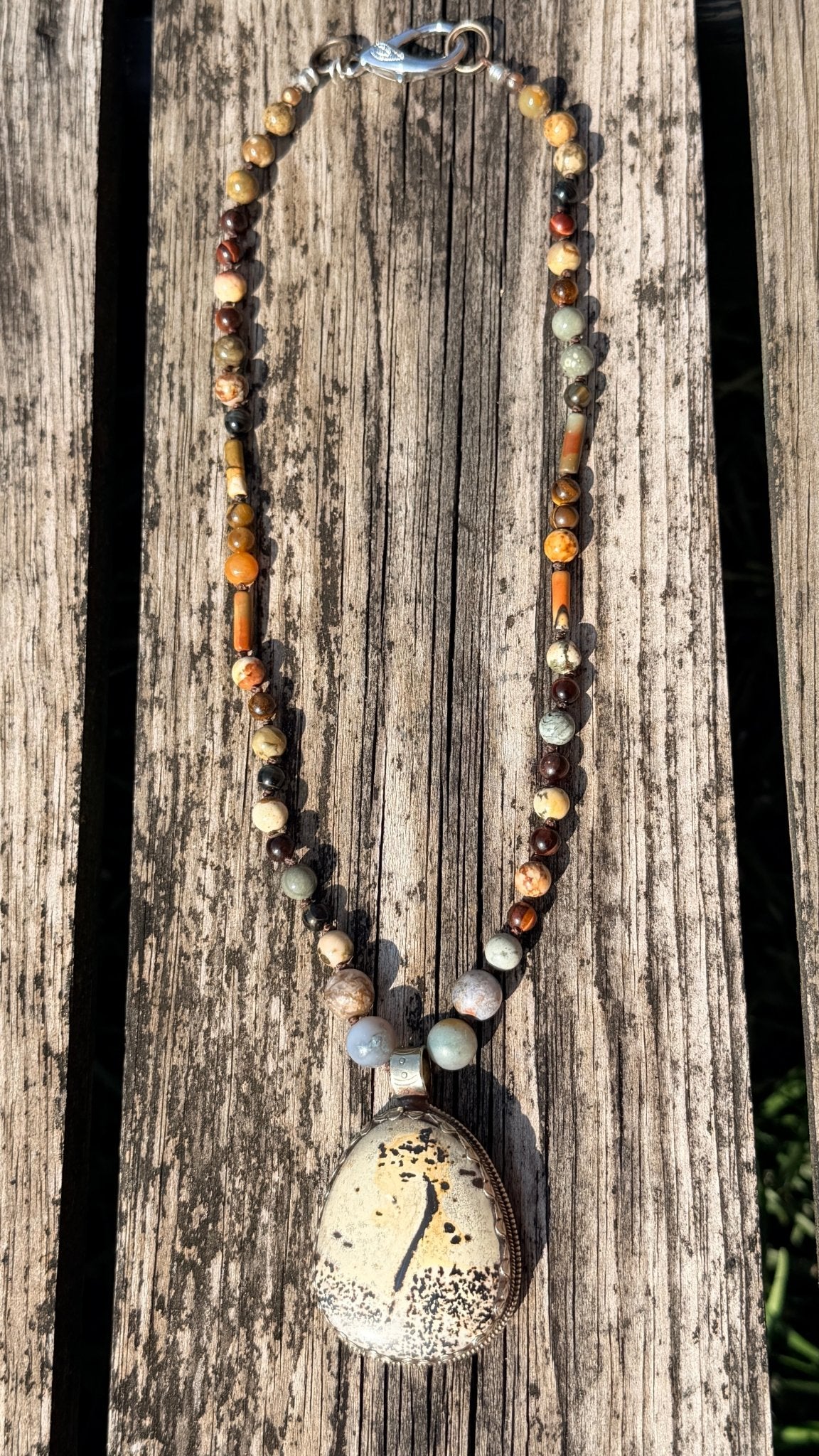 Tibetan Silver & Fawn Jasper Pendant with Handknotted Necklace by RJC - Rebecca James Clothing