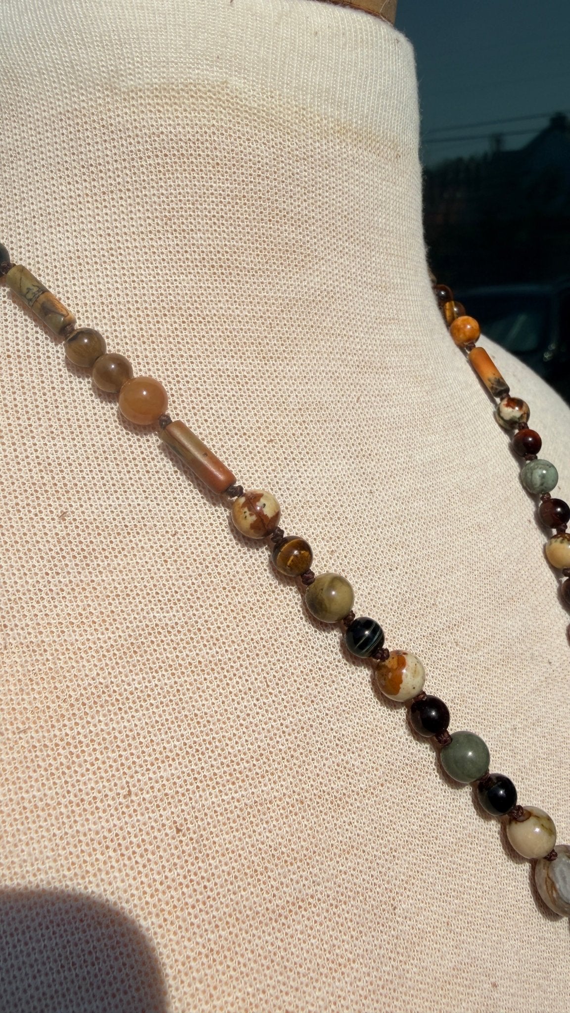 Tibetan Silver & Fawn Jasper Pendant with Handknotted Necklace by RJC - Rebecca James Clothing