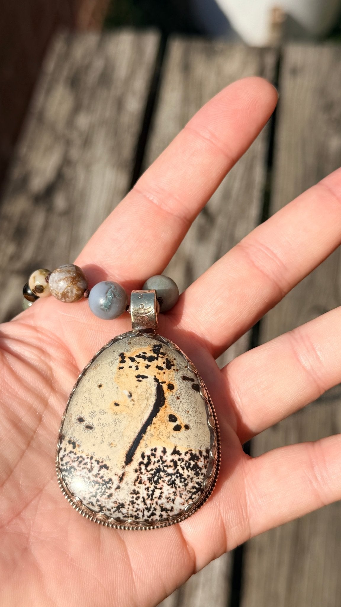 Tibetan Silver & Fawn Jasper Pendant with Handknotted Necklace by RJC - Rebecca James Clothing